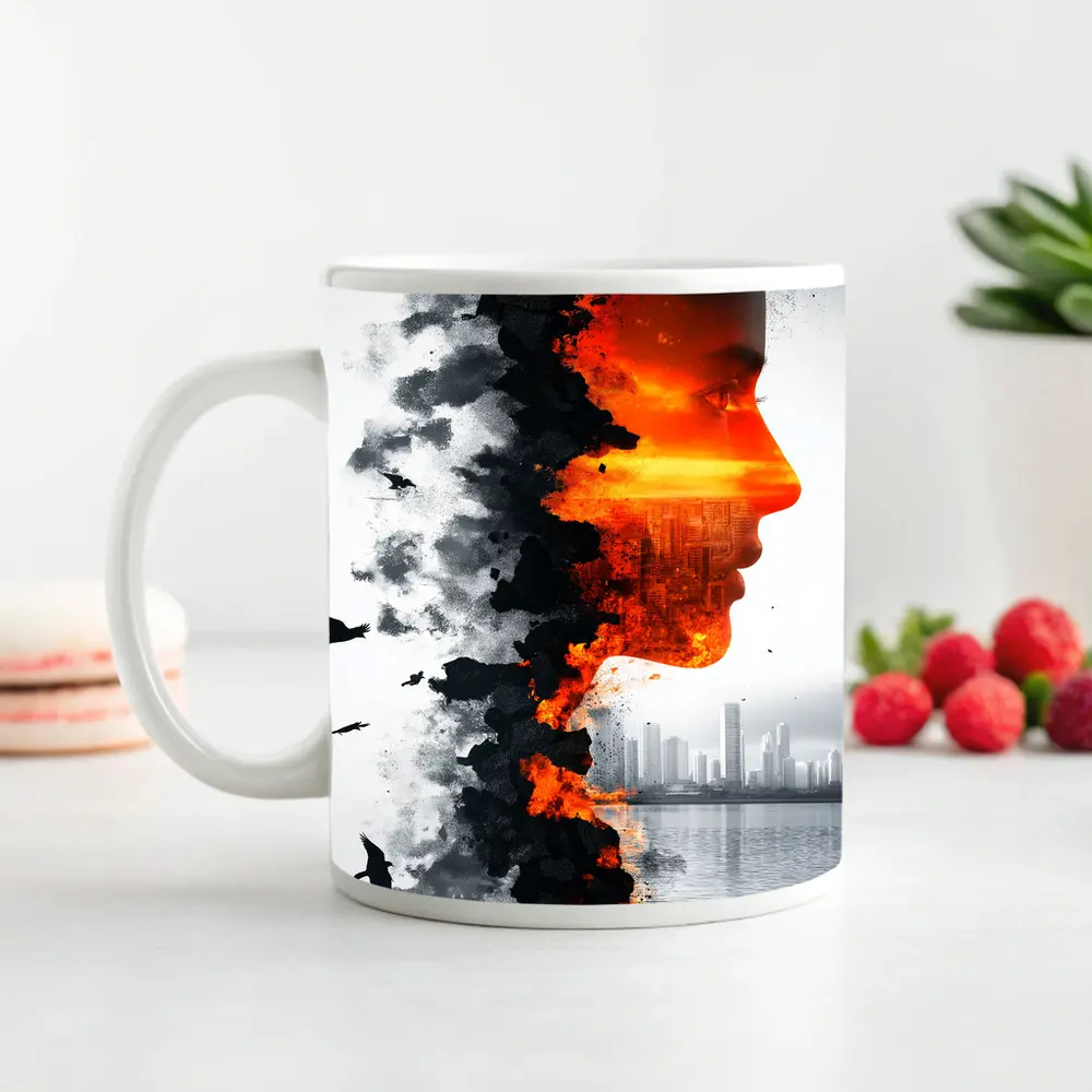 Woman Face Double Exposure Burning City – Mugs