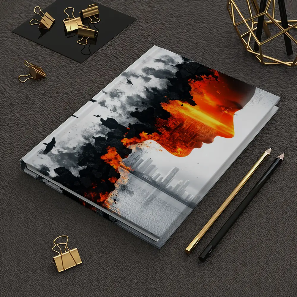 Woman Face Double Exposure Burning City – Notebooks