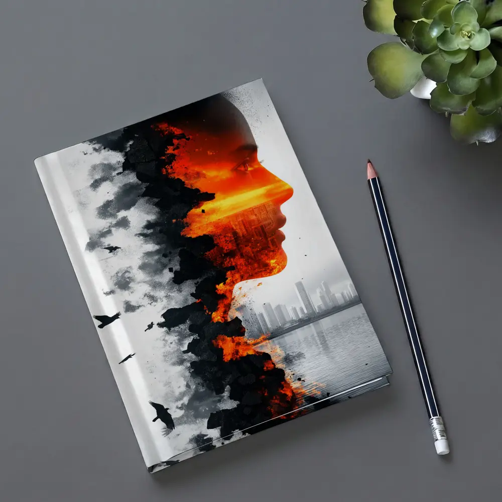 Woman Face Double Exposure Burning City – Notebooks