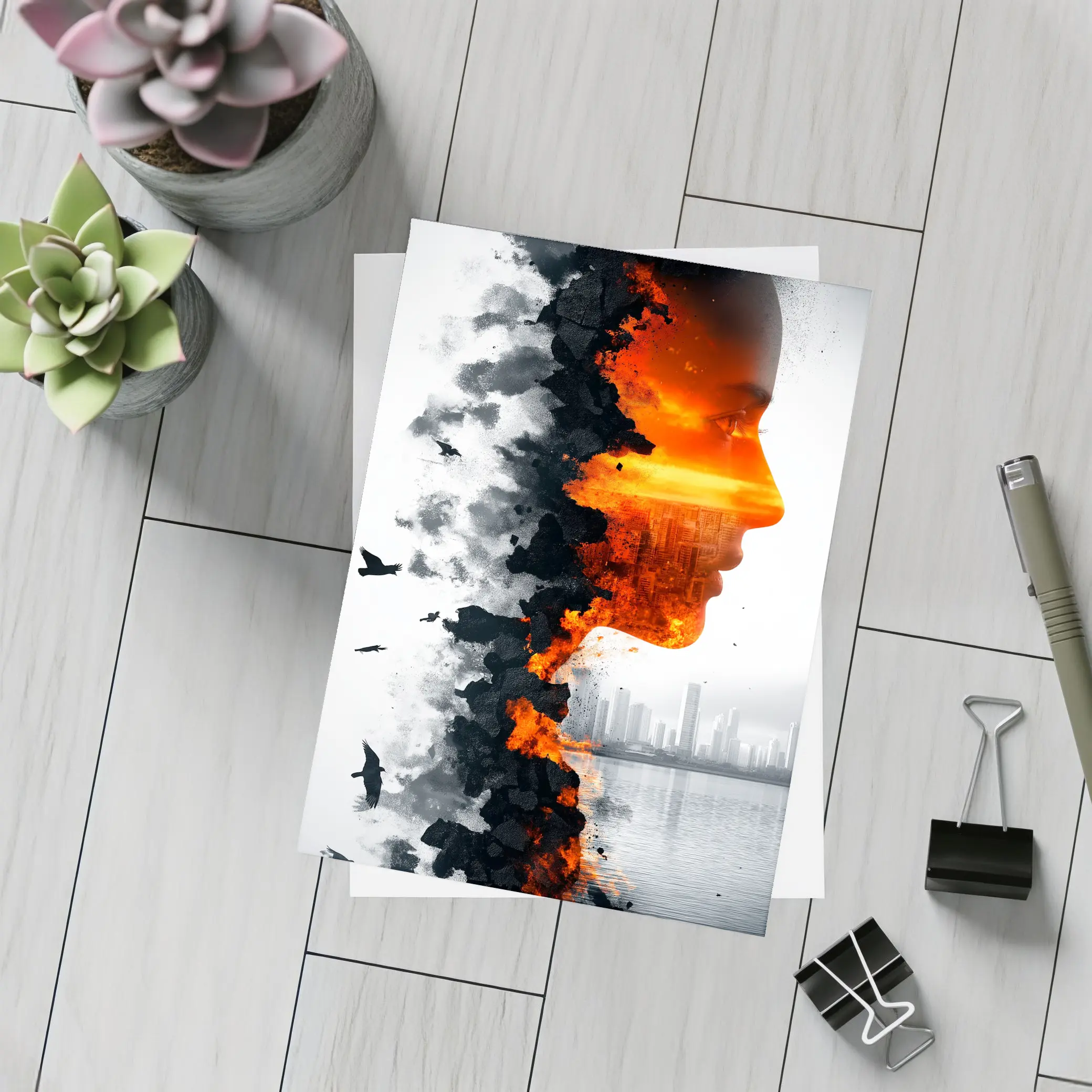 Woman Face Double Exposure Burning City – Postcards