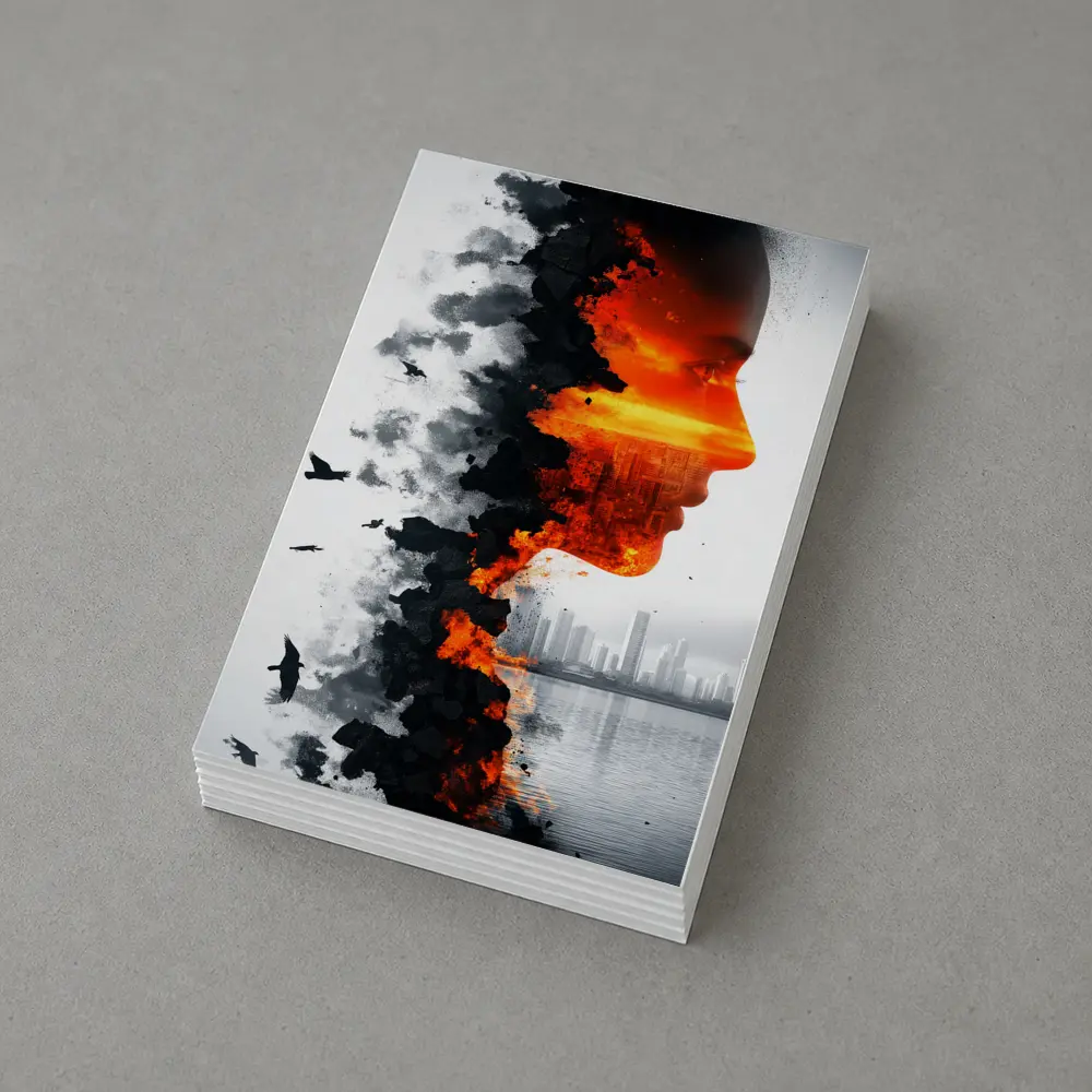 Woman Face Double Exposure Burning City – Postcards