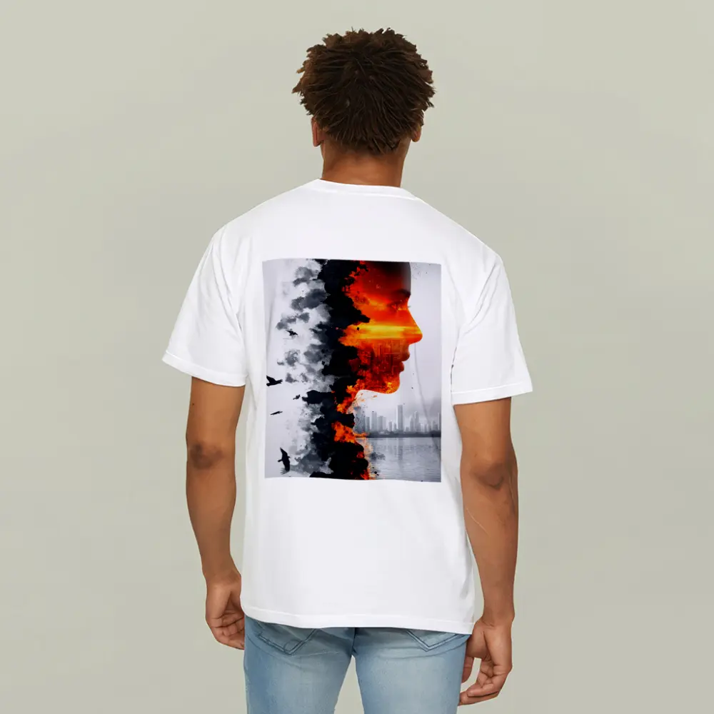 Woman Face Double Exposure Burning City – T-Shirts