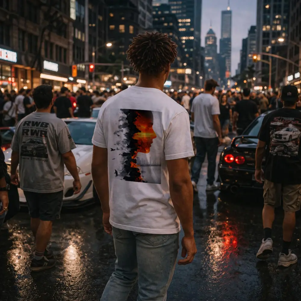 Woman Face Double Exposure Burning City – T-Shirts