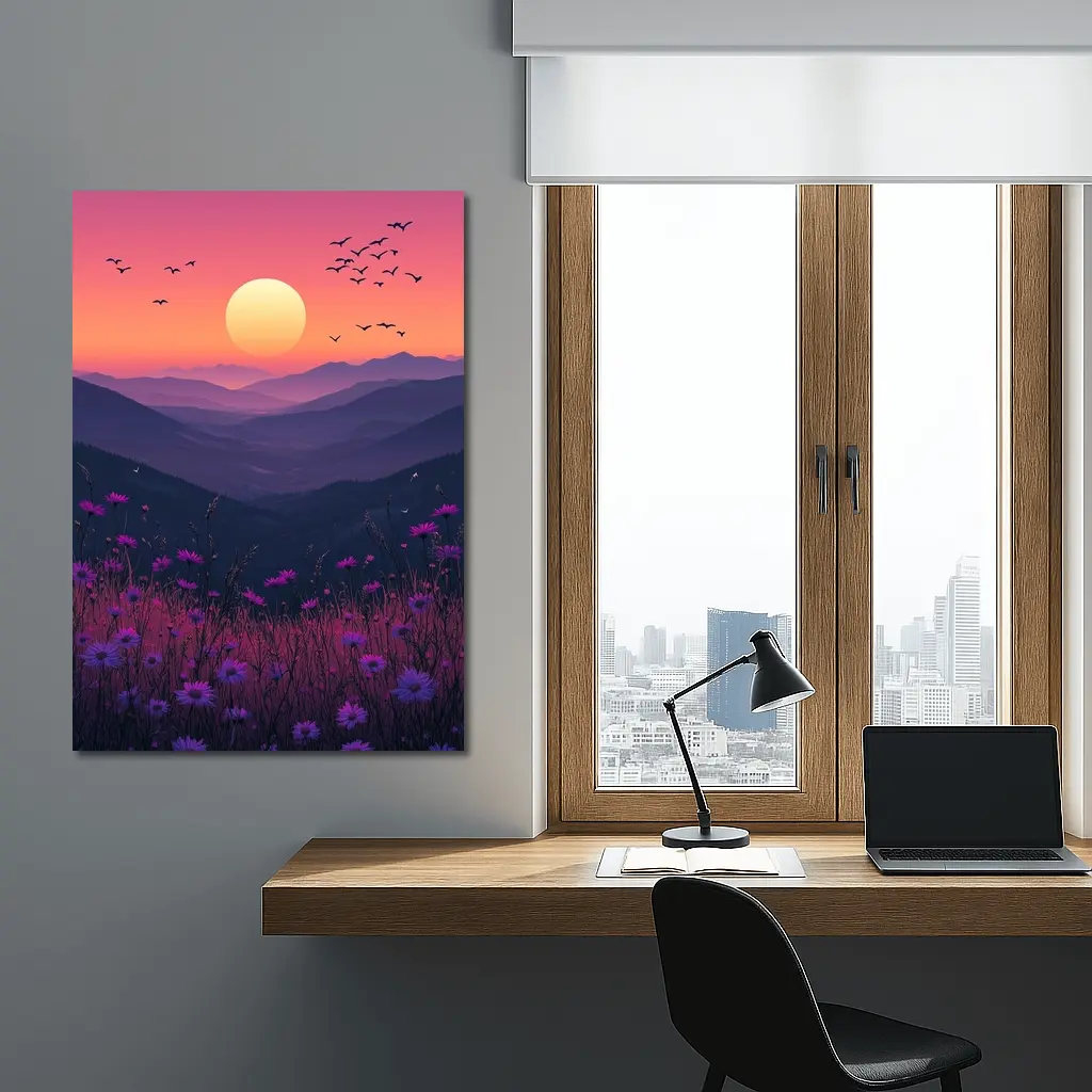 Purple Wildflowers Mountain Sunset Birds Sky – Wall Art