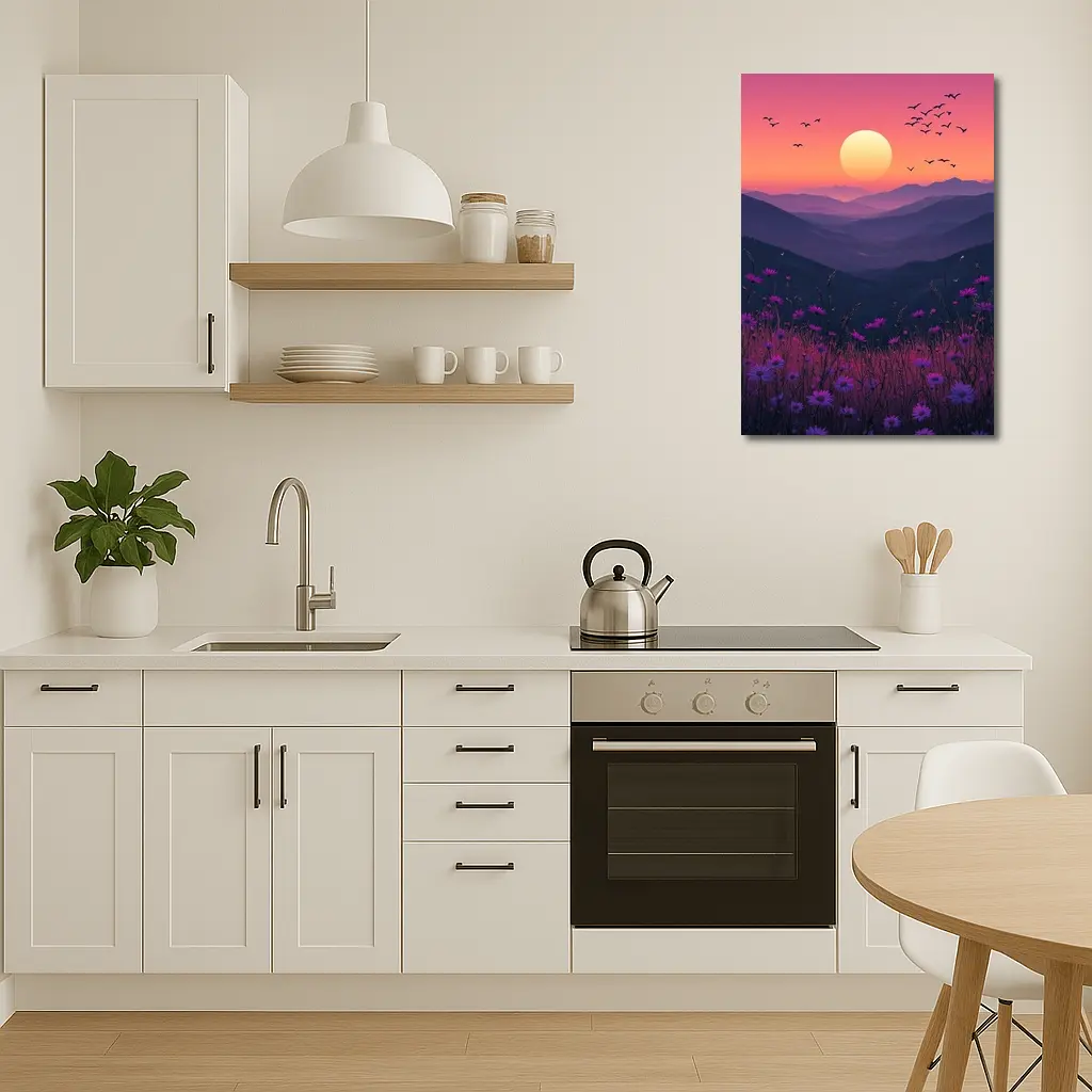 Purple Wildflowers Mountain Sunset Birds Sky – Wall Art