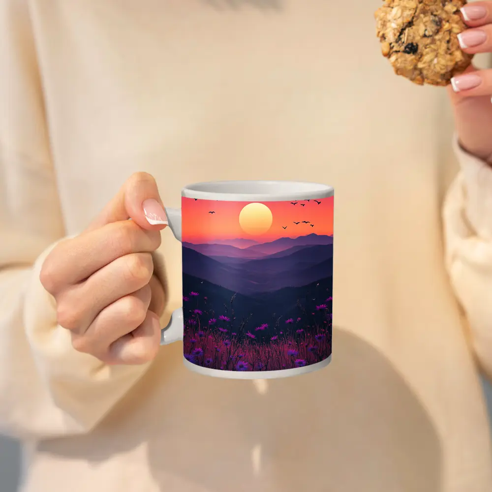 Purple Wildflowers Mountain Sunset Birds Sky – Mugs