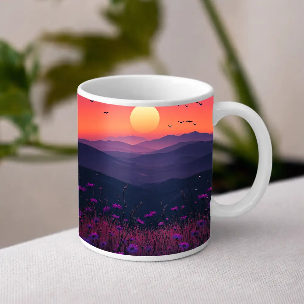 Purple Wildflowers Mountain Sunset Birds Sky – Mugs