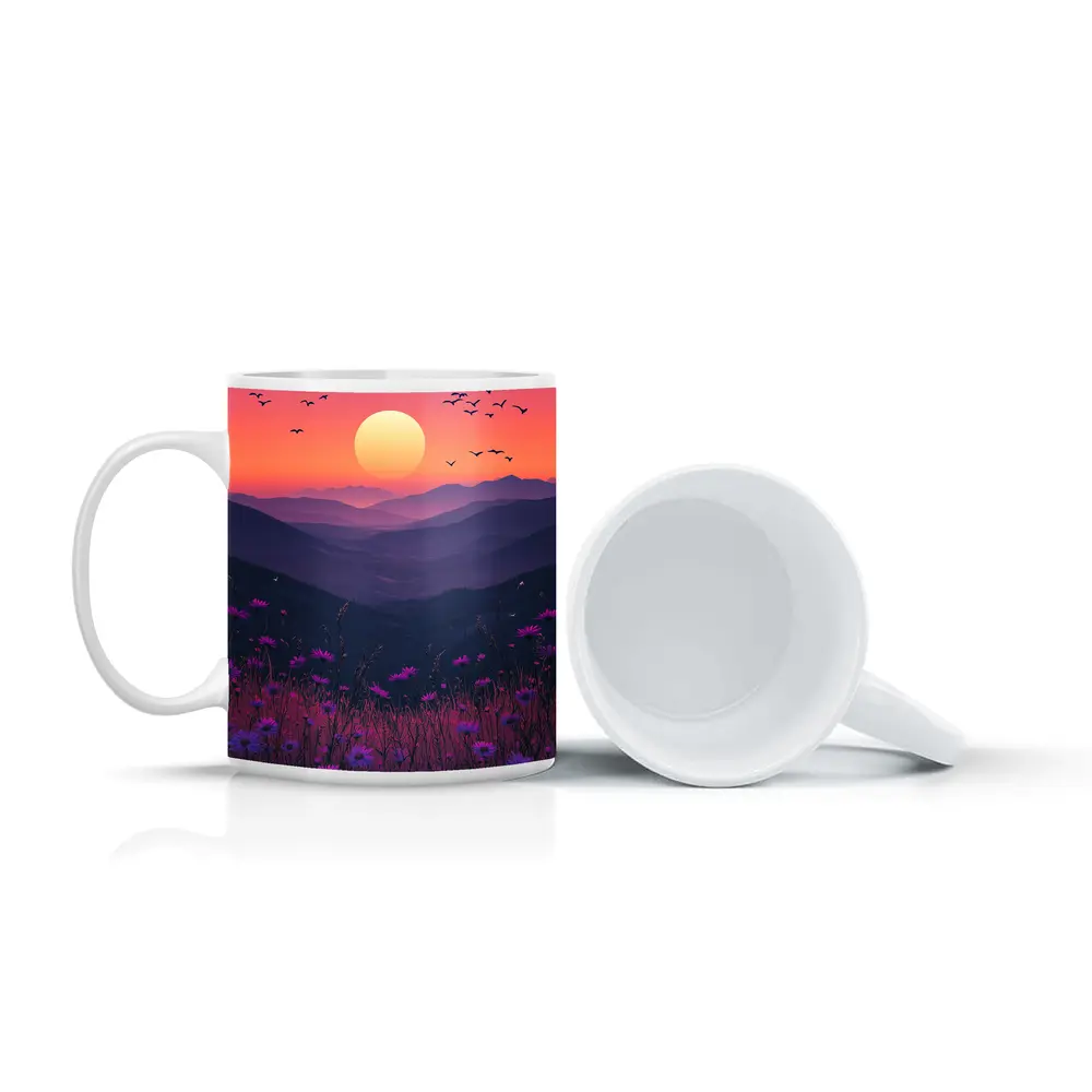 Purple Wildflowers Mountain Sunset Birds Sky – Mugs