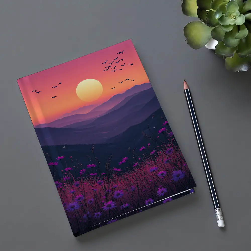 Purple Wildflowers Mountain Sunset Birds Sky – Notebooks