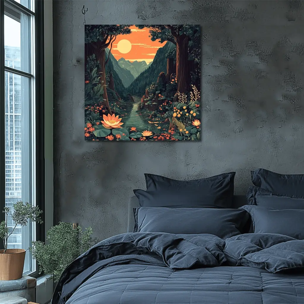 Lotus Forest River Mountain Sunset Illustration – Wall Art