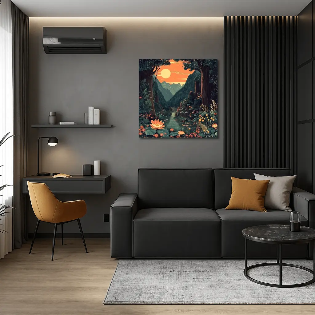 Lotus Forest River Mountain Sunset Illustration – Wall Art