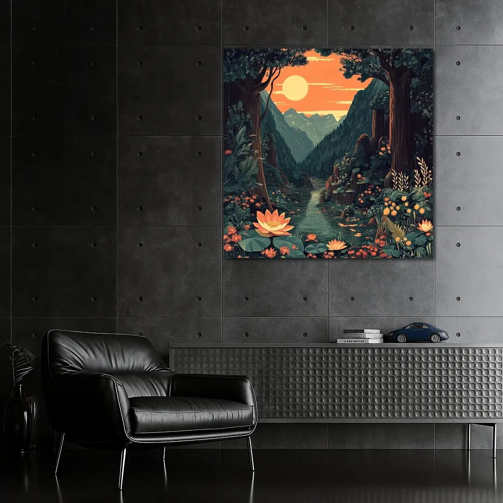 Lotus Forest River Mountain Sunset Illustration – Wall Art