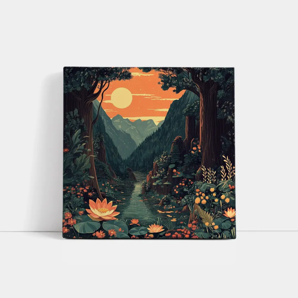 Lotus Forest River Mountain Sunset Illustration – Wall Art
