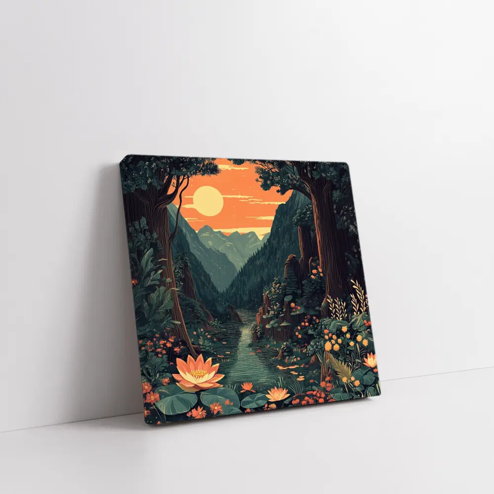 Lotus Forest River Mountain Sunset Illustration – Wall Art
