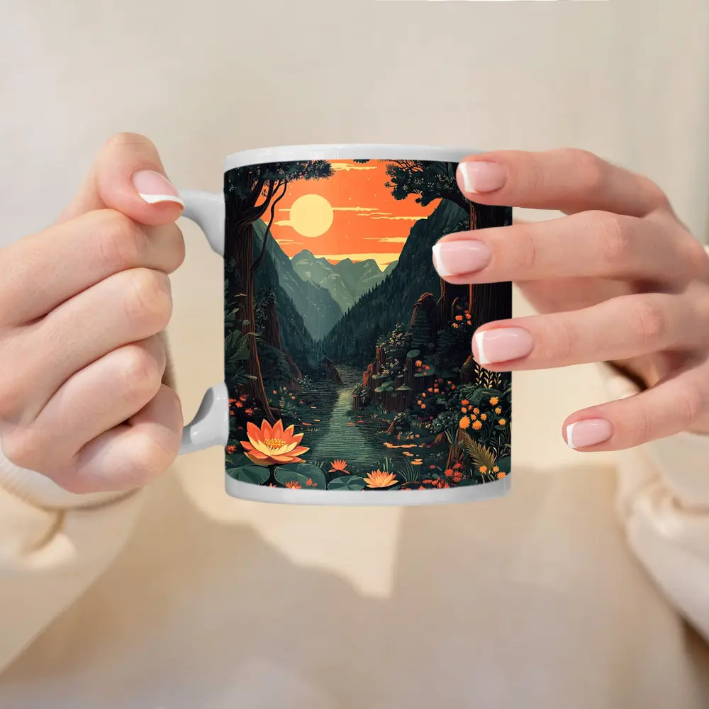 Lotus Forest River Mountain Sunset Illustration – Mugs