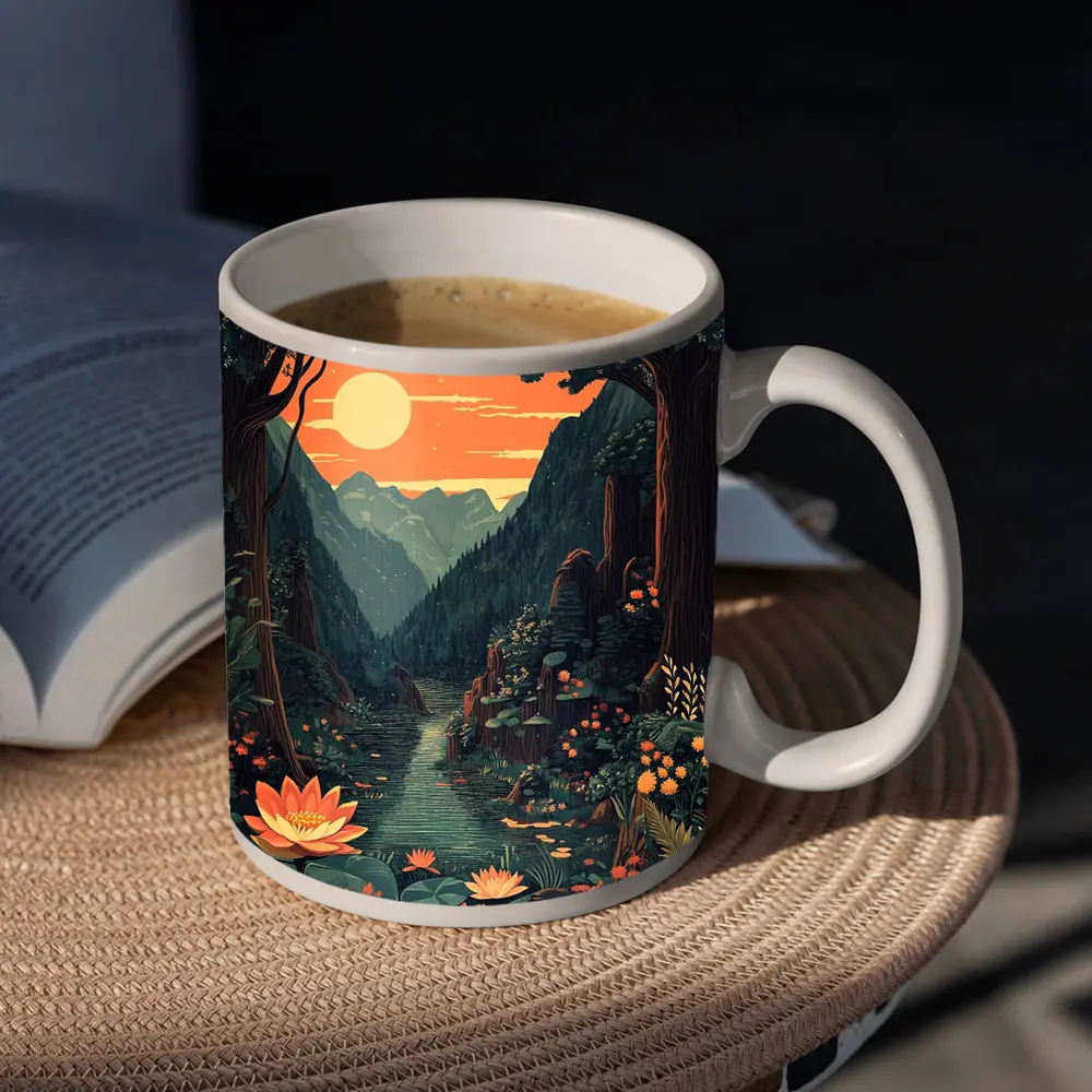 Lotus Forest River Mountain Sunset Illustration – Mugs