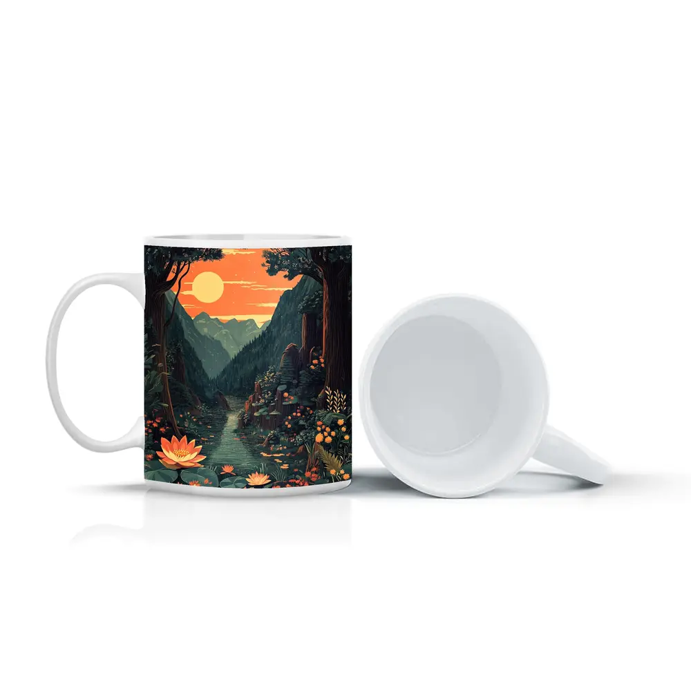 Lotus Forest River Mountain Sunset Illustration – Mugs