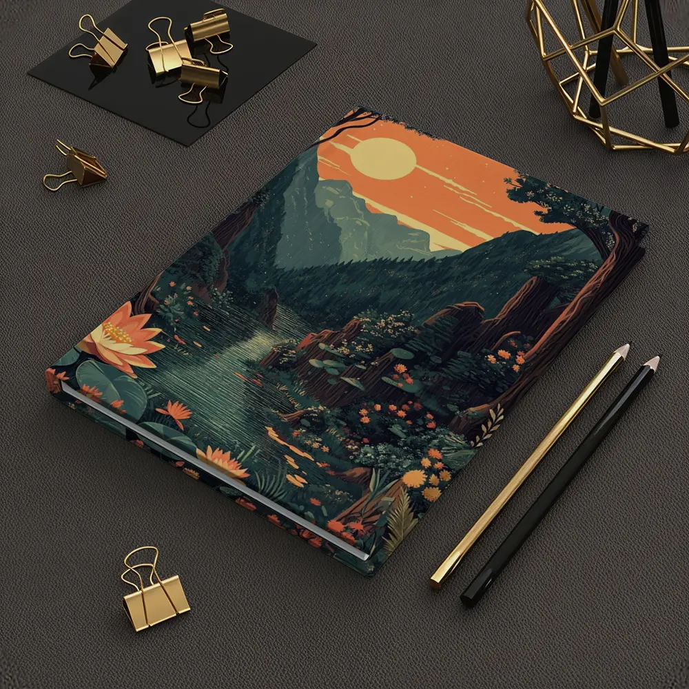 Lotus Forest River Mountain Sunset Illustration – Notebooks