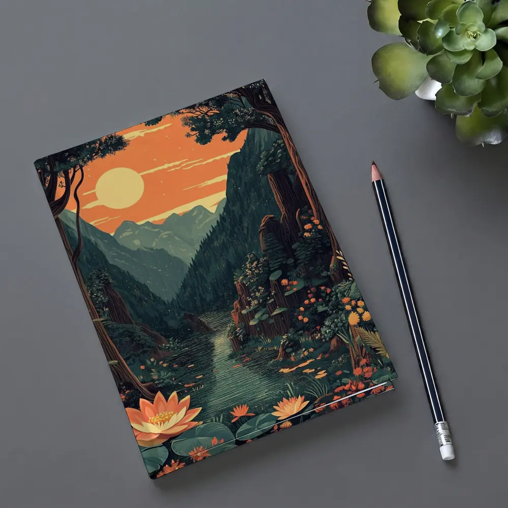 Lotus Forest River Mountain Sunset Illustration – Notebooks