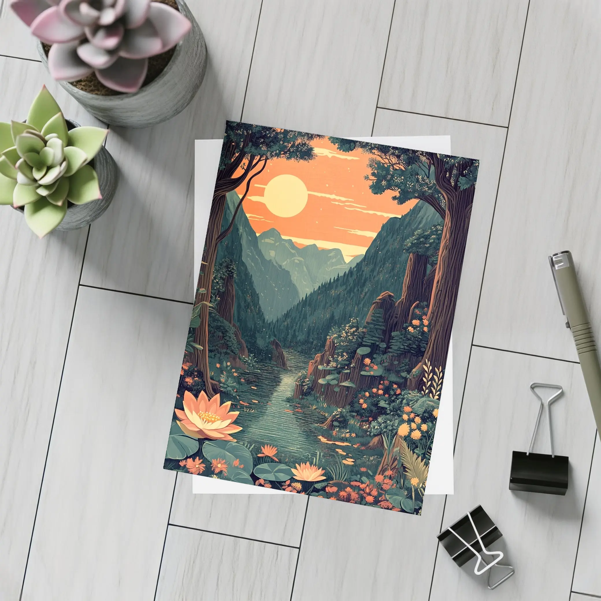 Lotus Forest River Mountain Sunset Illustration – Postcards