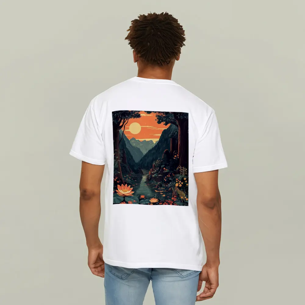 Lotus Forest River Mountain Sunset Illustration – T-Shirts
