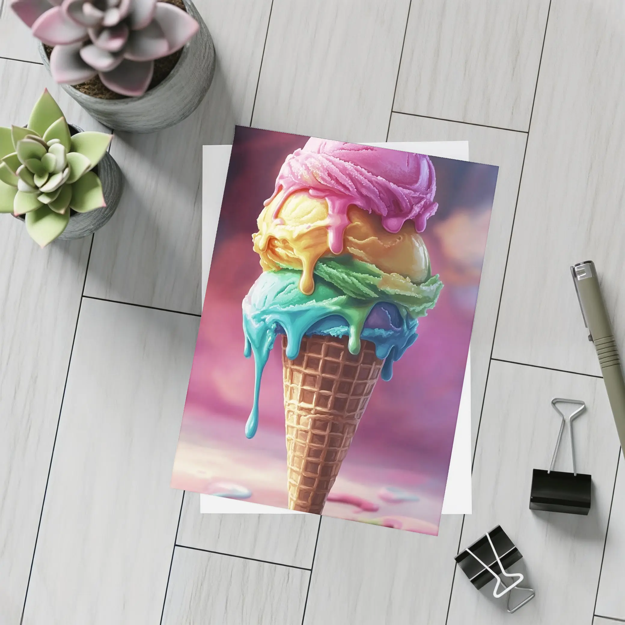 Colorful Dripping Ice Cream Cone Art – Postcards