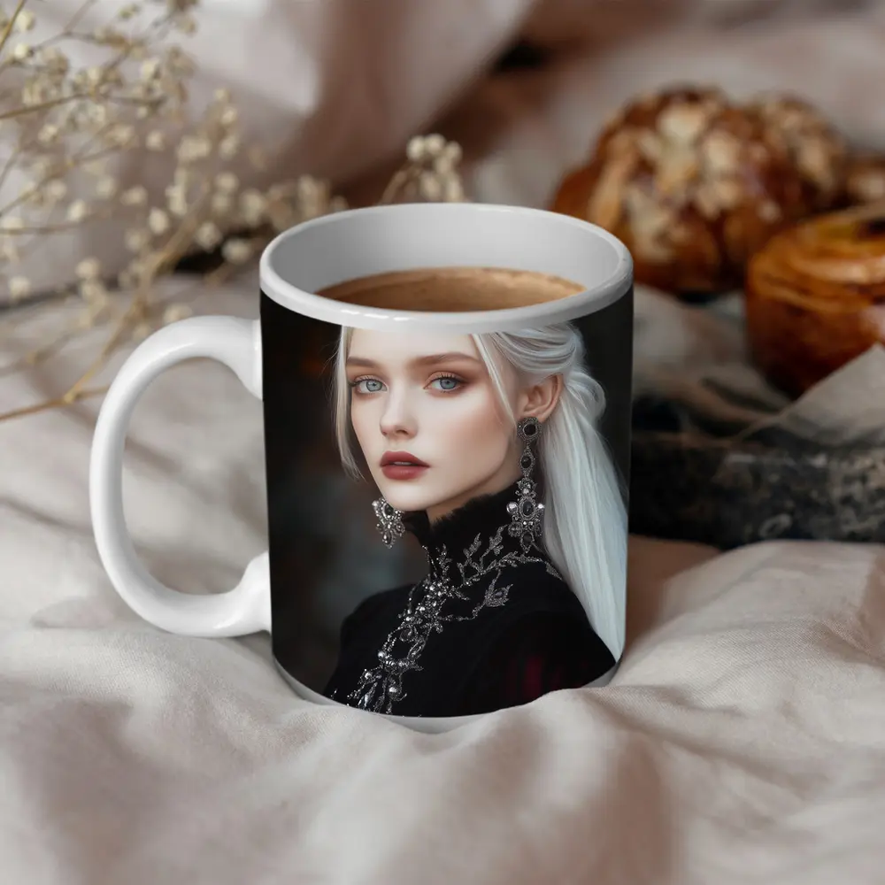 White Haired Queen Dark Fantasy Portrait Art – Mugs