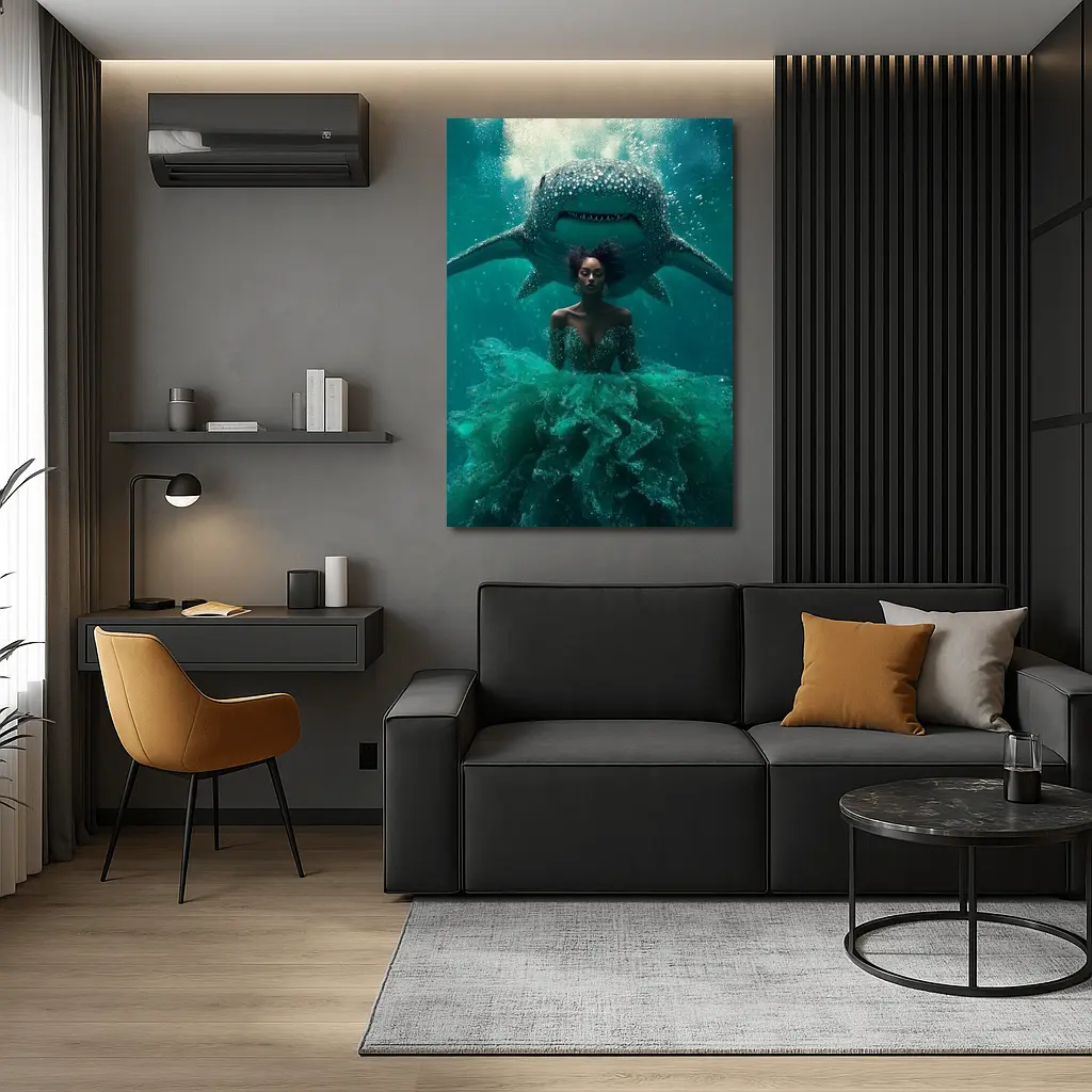 Woman in Gown Underwater With Shark – Wall Art