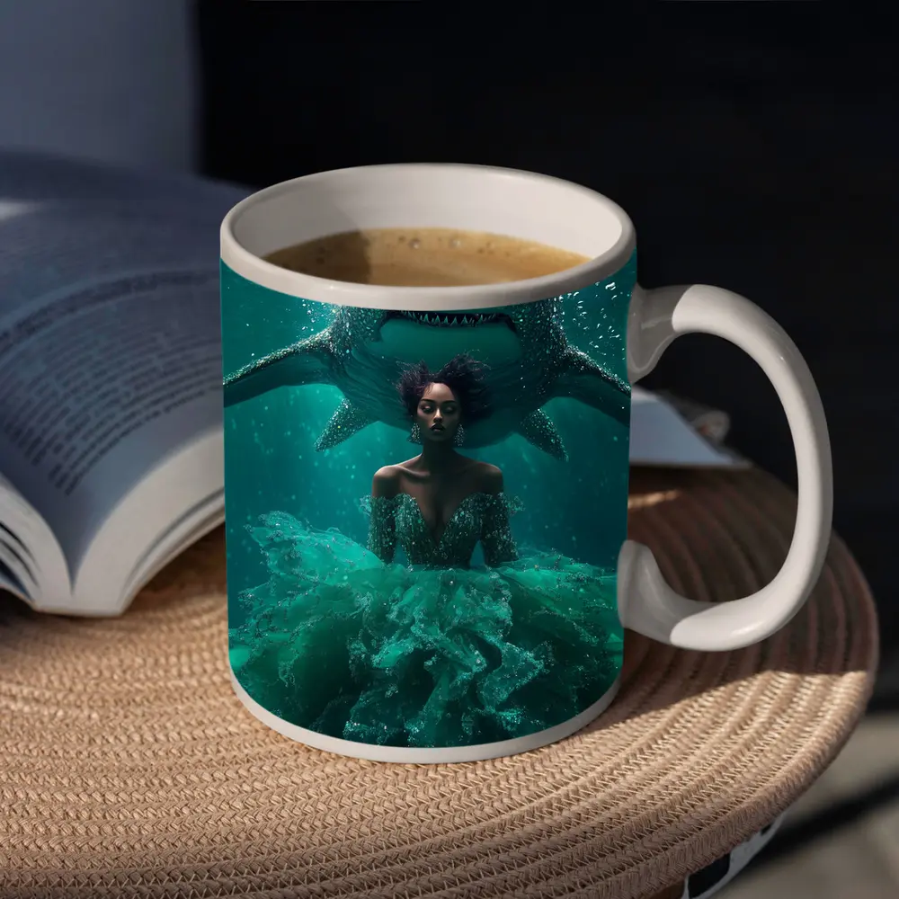Woman in Gown Underwater With Shark – Mugs