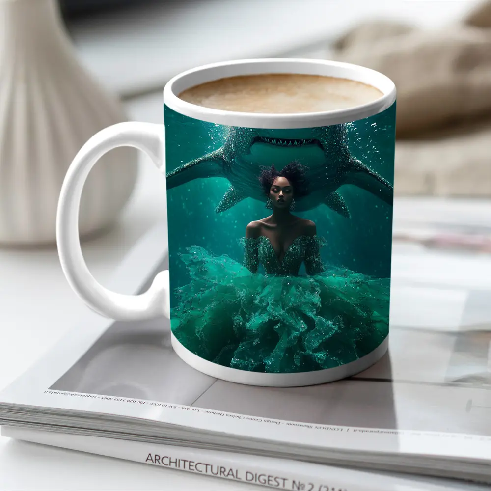 Woman in Gown Underwater With Shark – Mugs