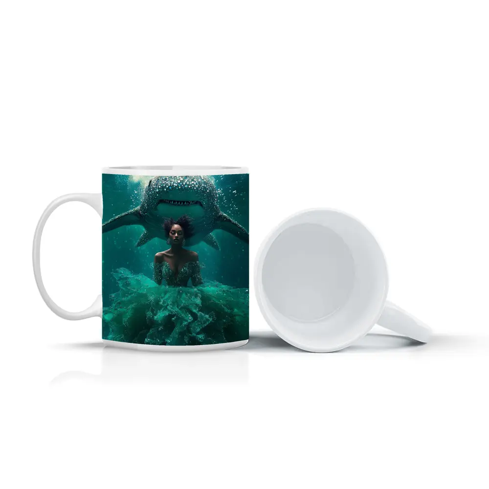 Woman in Gown Underwater With Shark – Mugs