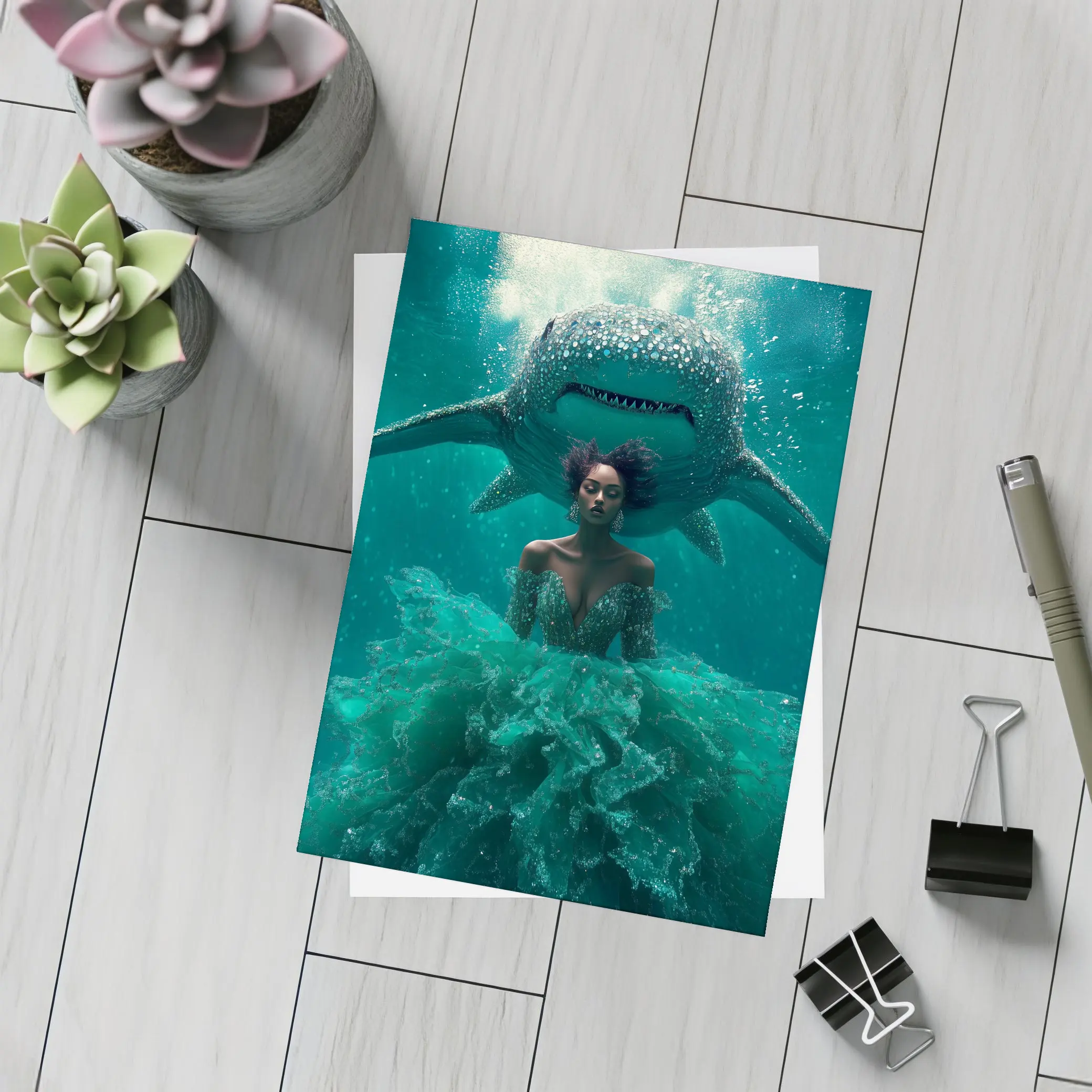 Woman in Gown Underwater With Shark – Postcards