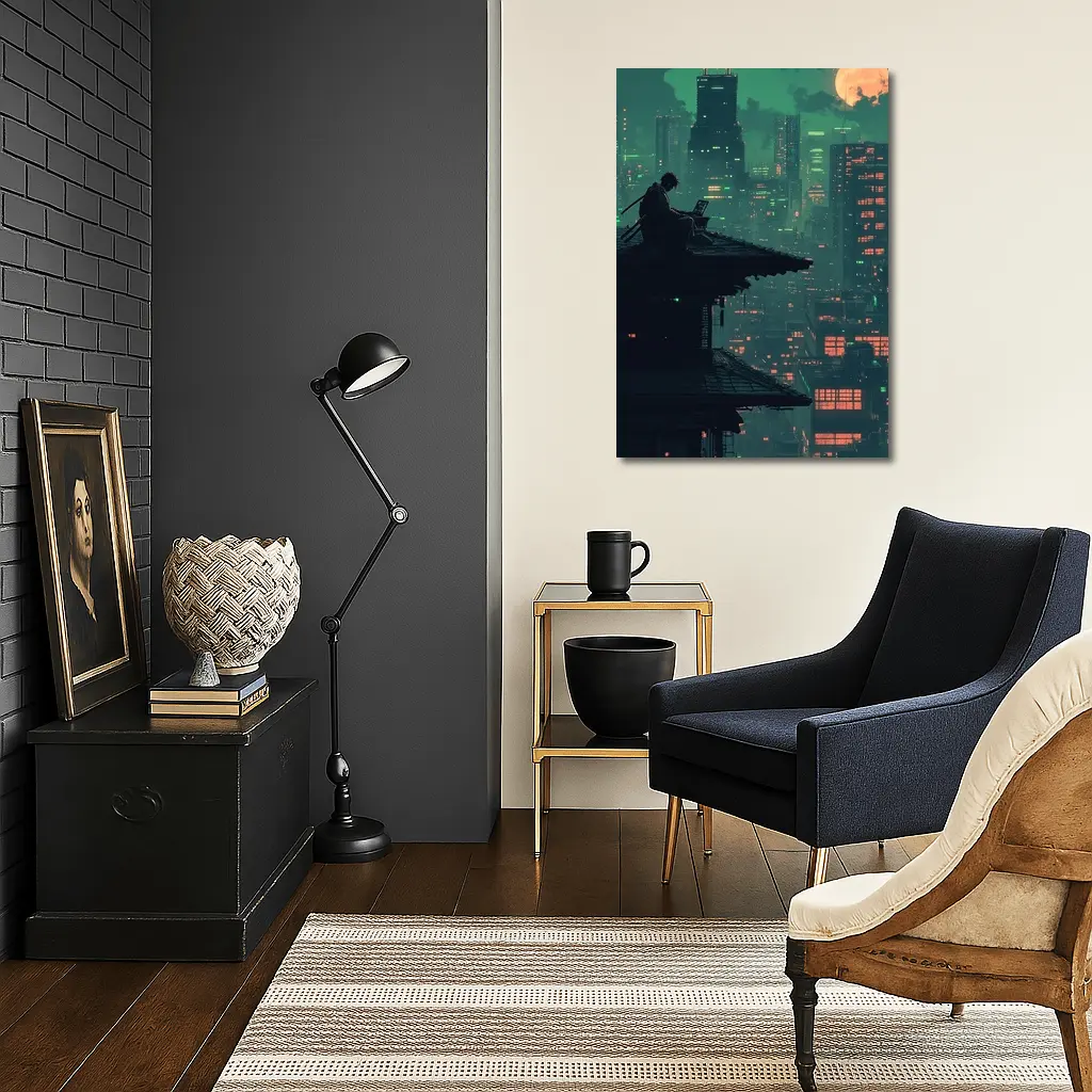 Pixel Art Samurai Rooftop Cyberpunk City Night – Wall Art