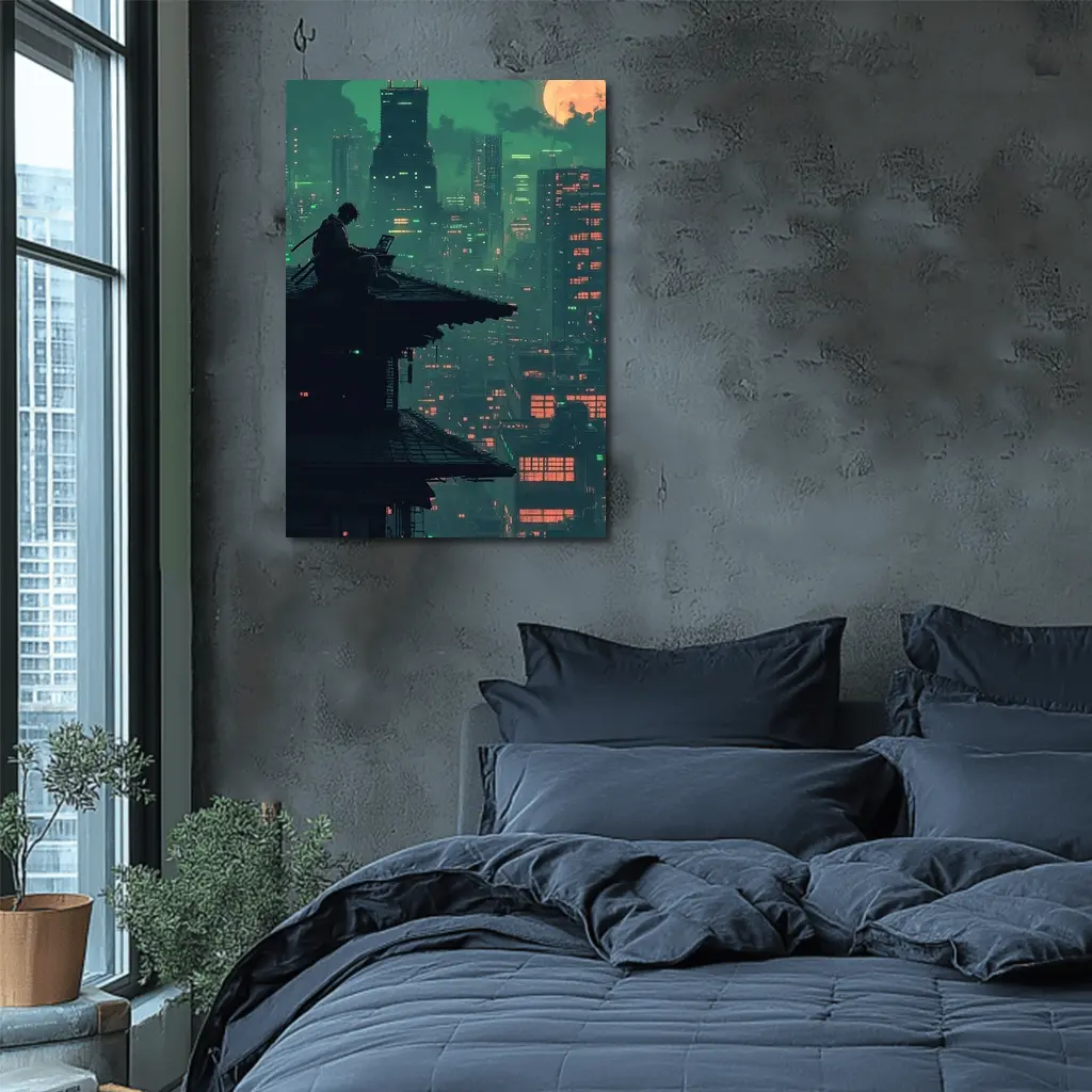 Pixel Art Samurai Rooftop Cyberpunk City Night – Wall Art