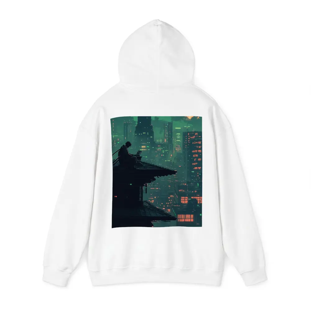 Pixel Art Samurai Rooftop Cyberpunk City Night – Hoodies