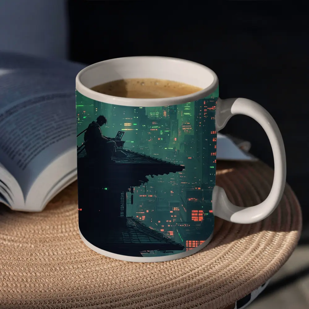 Pixel Art Samurai Rooftop Cyberpunk City Night – Mugs