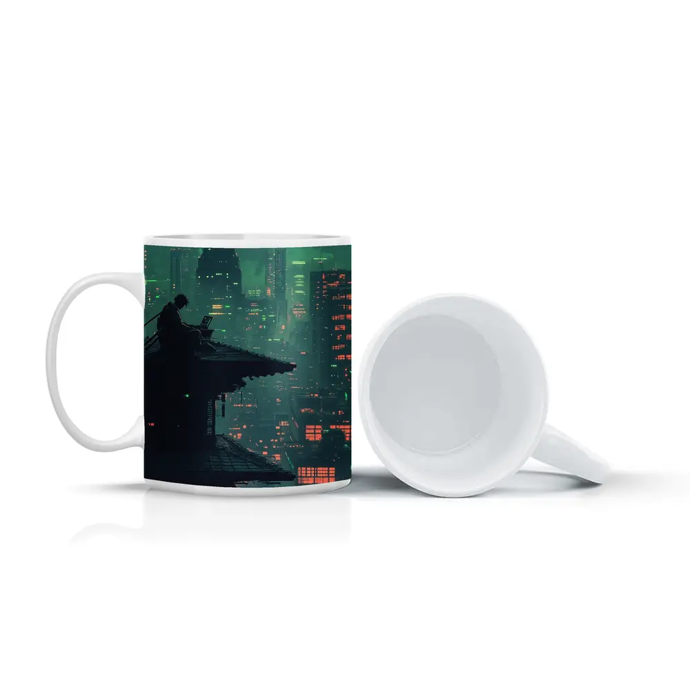 Pixel Art Samurai Rooftop Cyberpunk City Night – Mugs