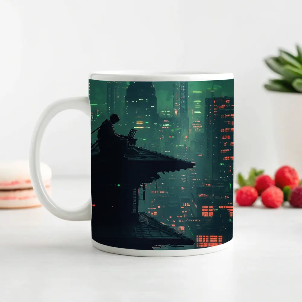 Pixel Art Samurai Rooftop Cyberpunk City Night – Mugs
