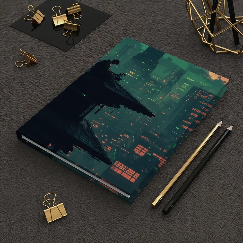 Pixel Art Samurai Rooftop Cyberpunk City Night – Notebooks