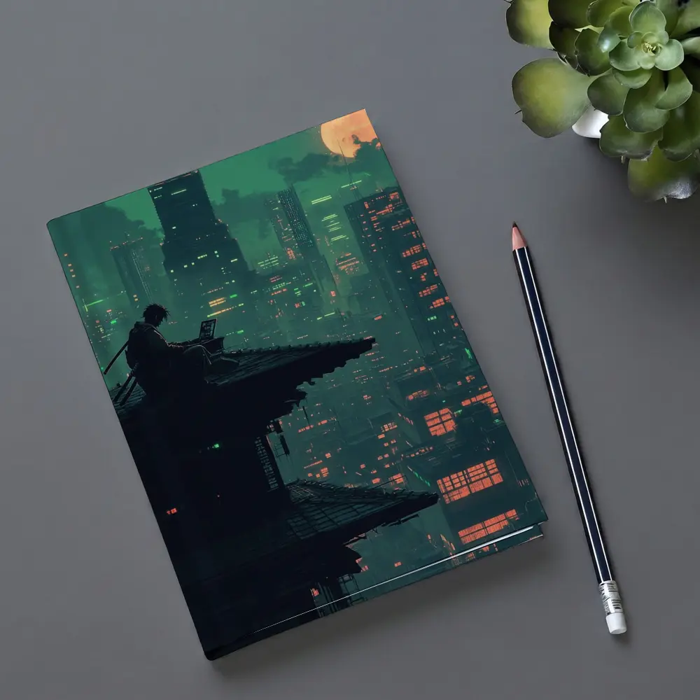 Pixel Art Samurai Rooftop Cyberpunk City Night – Notebooks