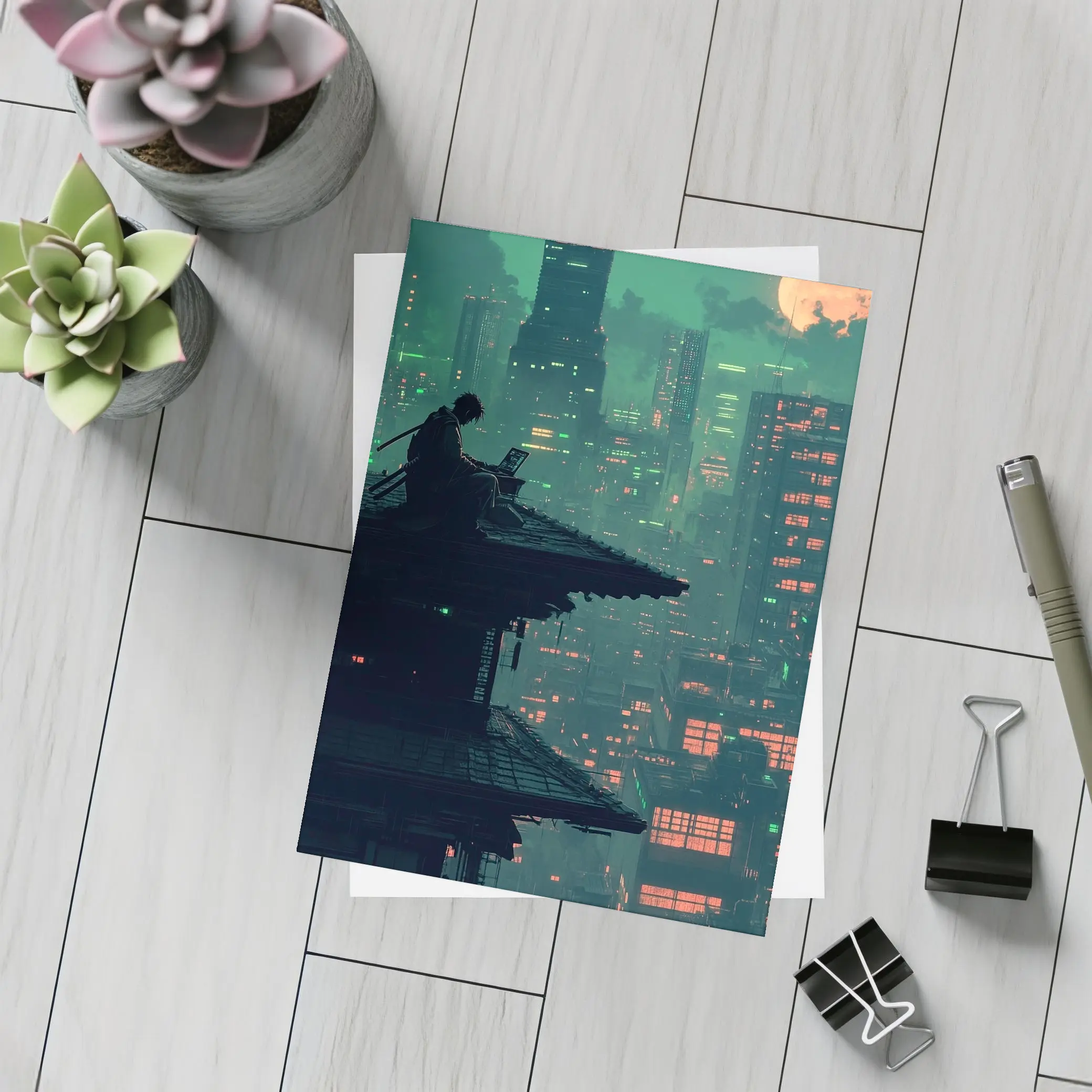 Pixel Art Samurai Rooftop Cyberpunk City Night – Postcards