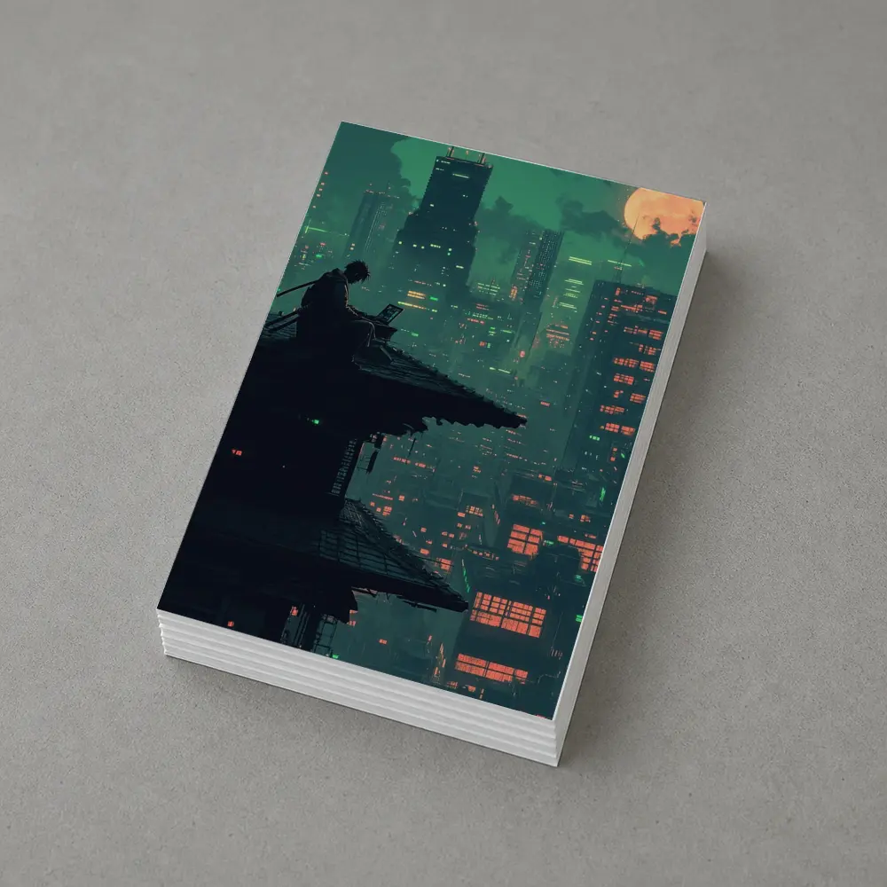 Pixel Art Samurai Rooftop Cyberpunk City Night – Postcards