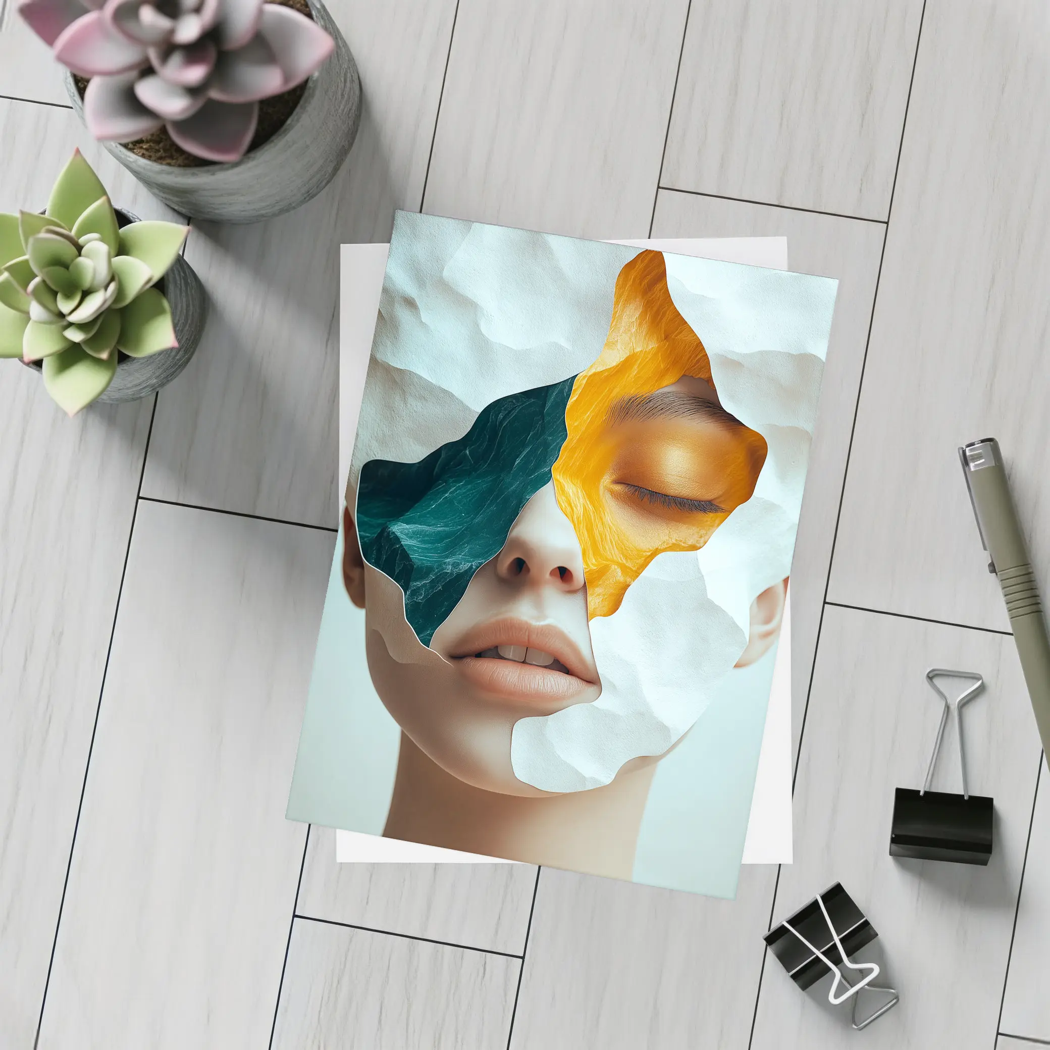 Surreal Female Face Collage Abstract Art – Postcards