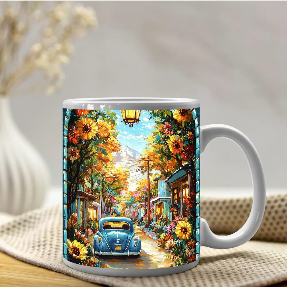 Volkswagen Beetle Blue Sunflower Street Art – Mugs
