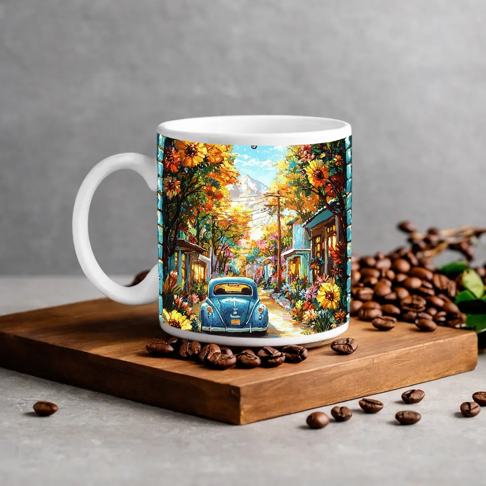 Volkswagen Beetle Blue Sunflower Street Art – Mugs