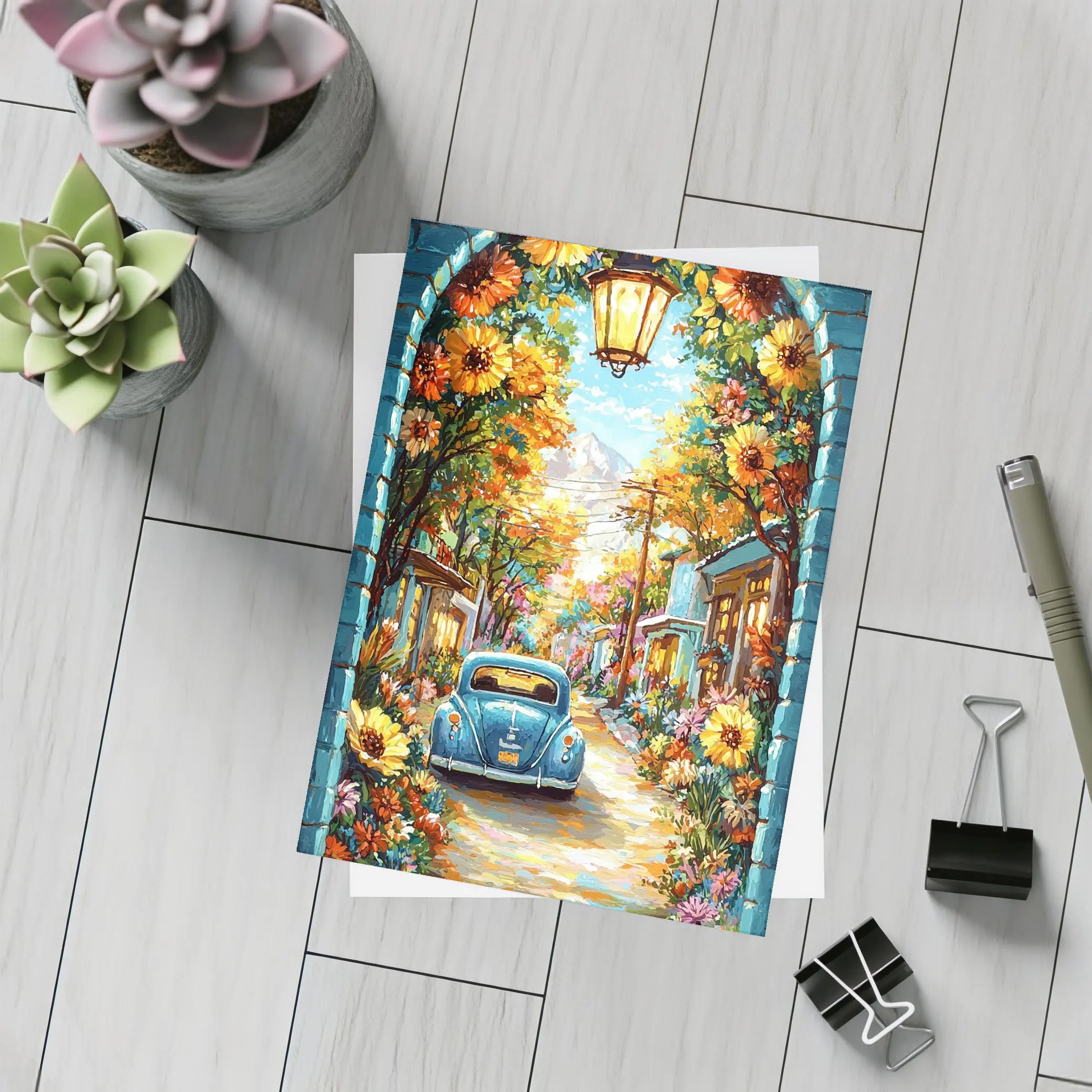 Volkswagen Beetle Blue Sunflower Street Art – Postcards