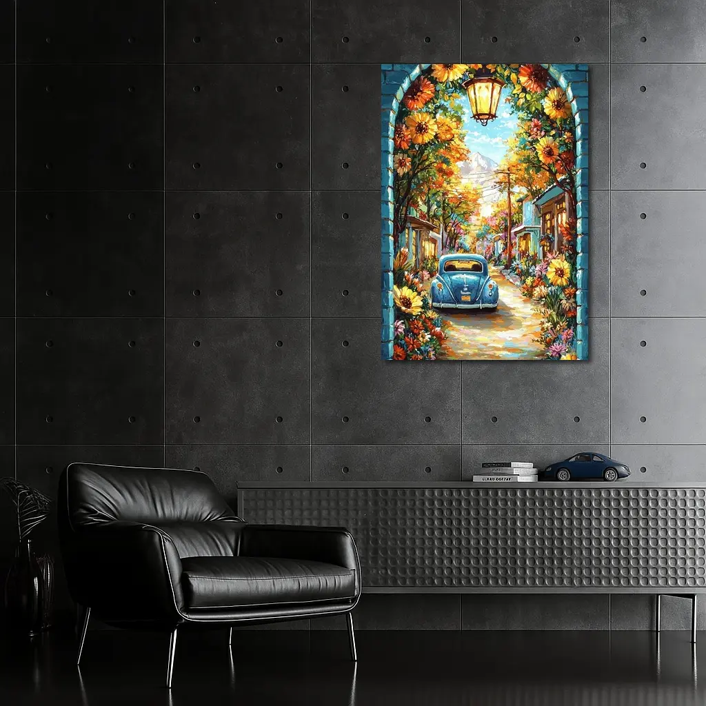 Volkswagen Beetle Blue Sunflower Street Art – Wall Art