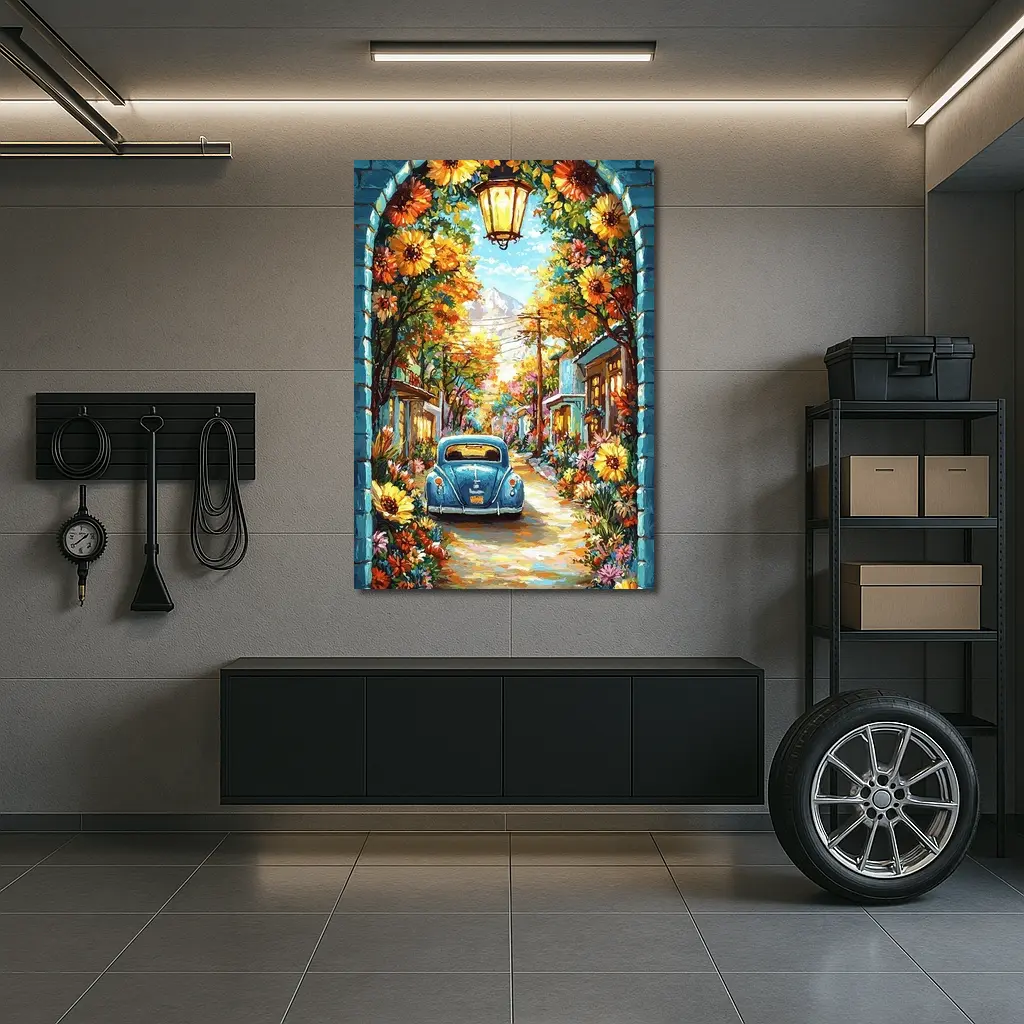 Volkswagen Beetle Blue Sunflower Street Art – Wall Art