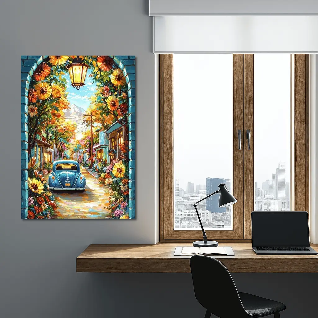 Volkswagen Beetle Blue Sunflower Street Art – Wall Art