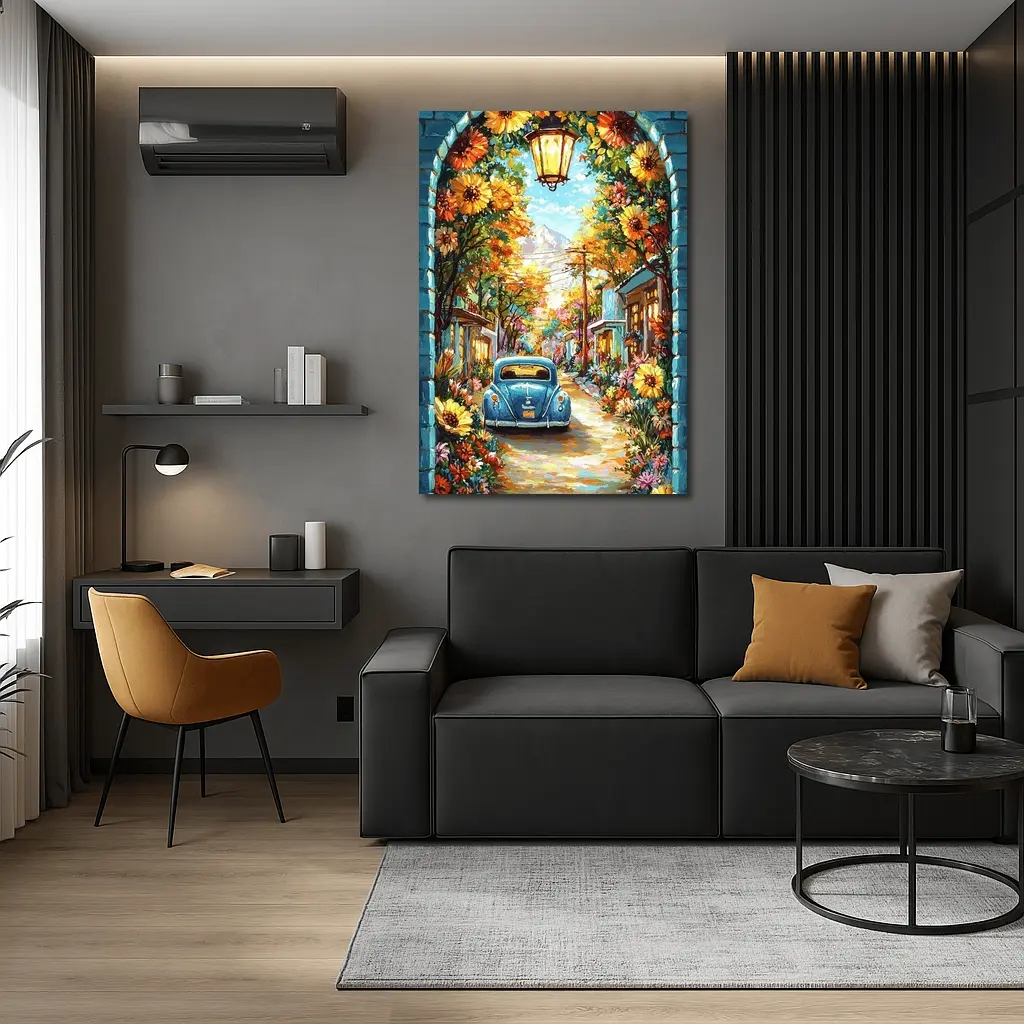 Volkswagen Beetle Blue Sunflower Street Art – Wall Art